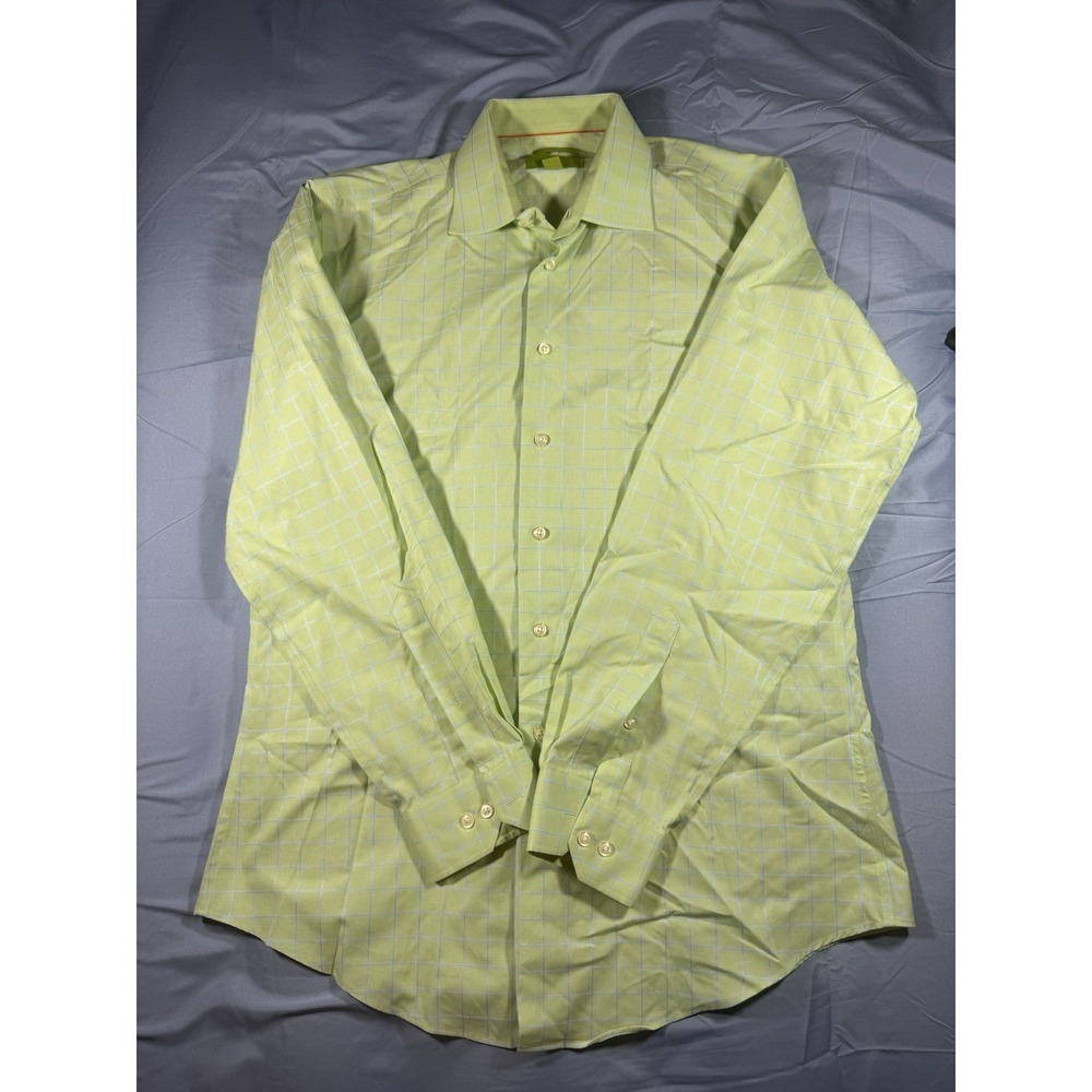 Egara Men's Green Gingham Slim Fit Long Sleeve Button Up Size 16 34/35 Medium